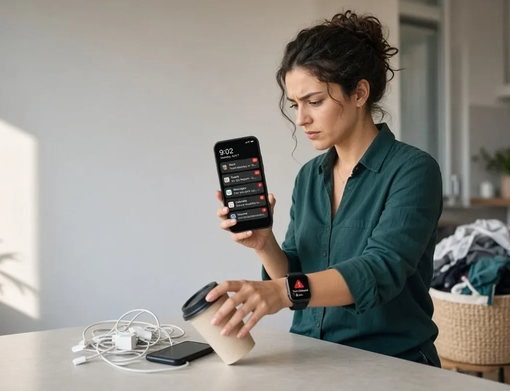 Day-To-Day Frictions:Woman checking phone full of notifications while holding a tipping coffee cup amid tangled cables and laundry