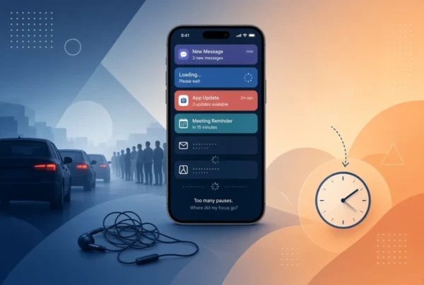 Smartphone screen flooded with alerts surrounded by traffic, queues, tangled earphones and a spinning clock