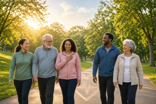 Diverse adults walking outdoors for heart health and ischaemic heart disease prevention