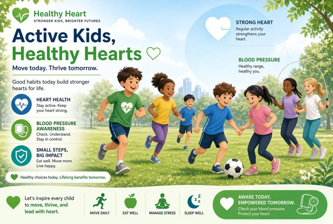 Diverse children running and playing outdoors for heart health