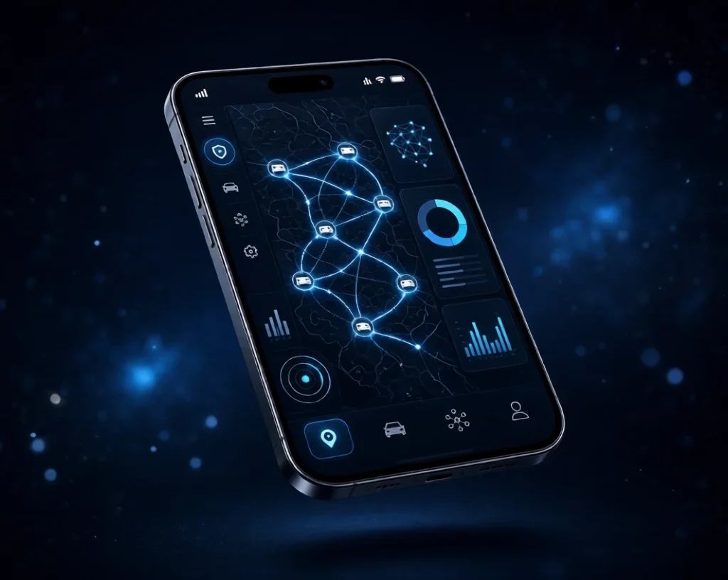 Fleet Orchestration :Smartphone displaying Fleet Orchestration app with connected vehicle map and analytics
