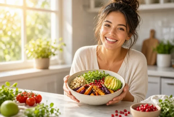 Smiling woman holding colorful superfood glow bowl in sunny kitchen