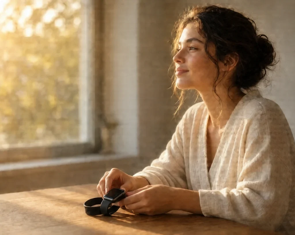 Over Optimization Backlash:Woman calmly setting aside her smartwatch in soft morning light