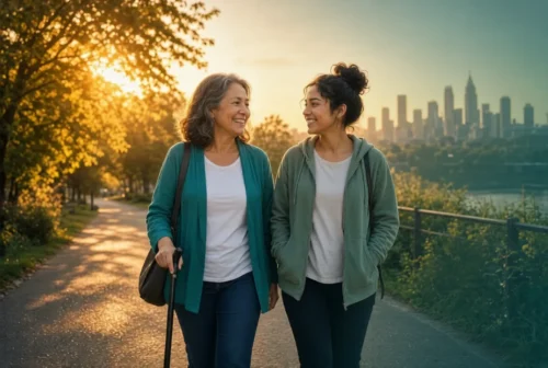 Woman with cane and companion walking park path at golden hour