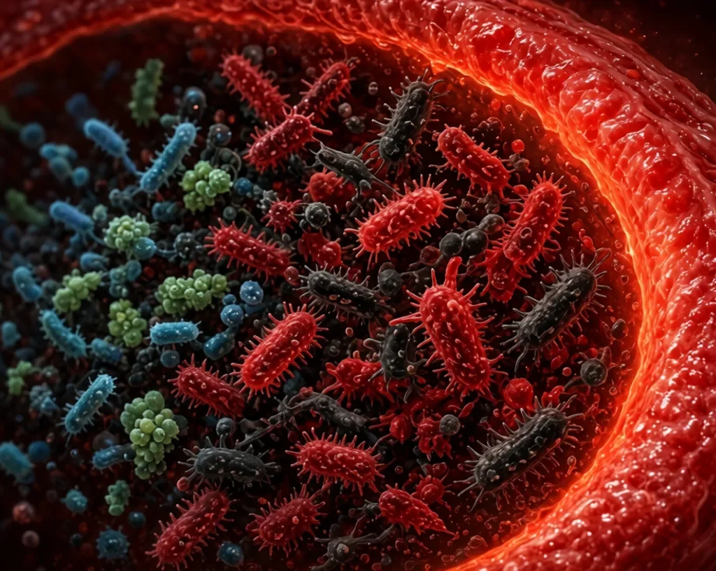 gut microbiome Disruption with harmful red bacteria dominating inside inflamed intestine