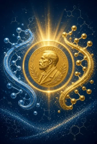 Golden Nobel medal flanked by blue and gold chiral molecular spirals