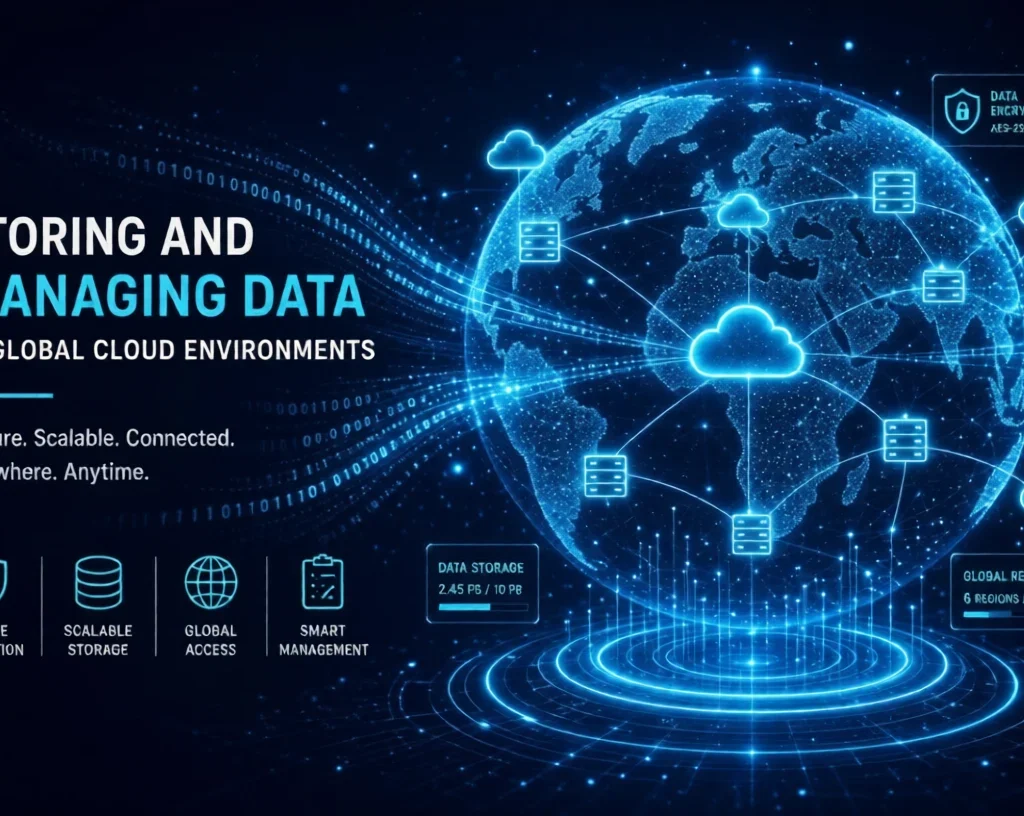 Storing and Managing Data in Global Cloud Environments:Digital globe with glowing cloud servers and data connections