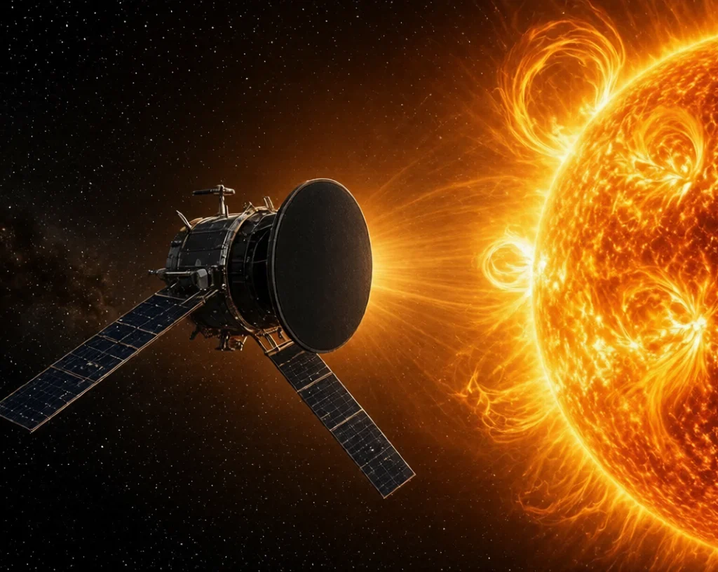 Parker  Probe mission spacecraft flying toward the blazing Sun with solar corona