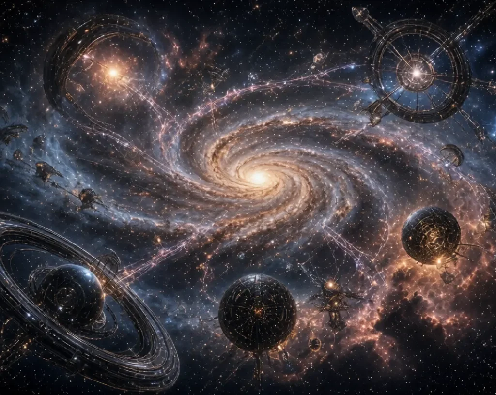 Type III civilization with Dyson spheres and megastructures around a spiral galaxy