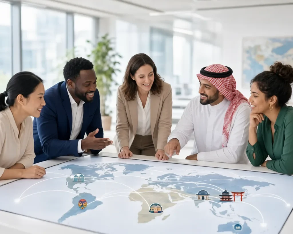 Cross Cultural Management:Diverse multinational team collaborating around interactive world map in modern office