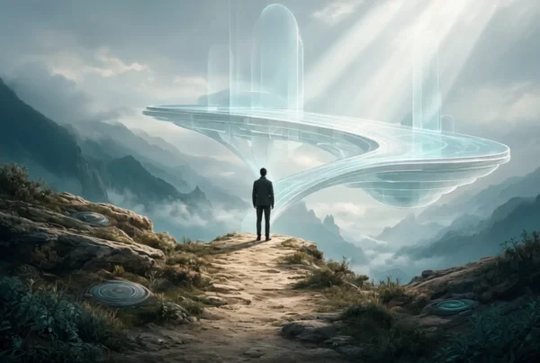 Person standing on a rocky mountain path looking toward a large translucent floating futuristic structure above the clouds
