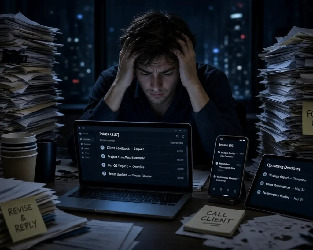 Exhausted man holding head at messy desk with piles of papers, laptop full of emails, and sticky notes about deadlines-Too Much Work?