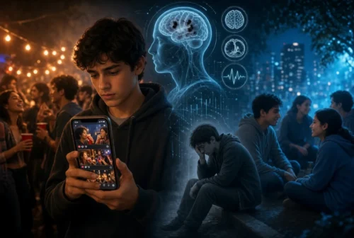 Young man views party photos on phone while holographic brain scan shows alcohol damage