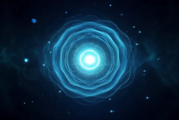 Luminous cyan neutrino core with radiating energy waves