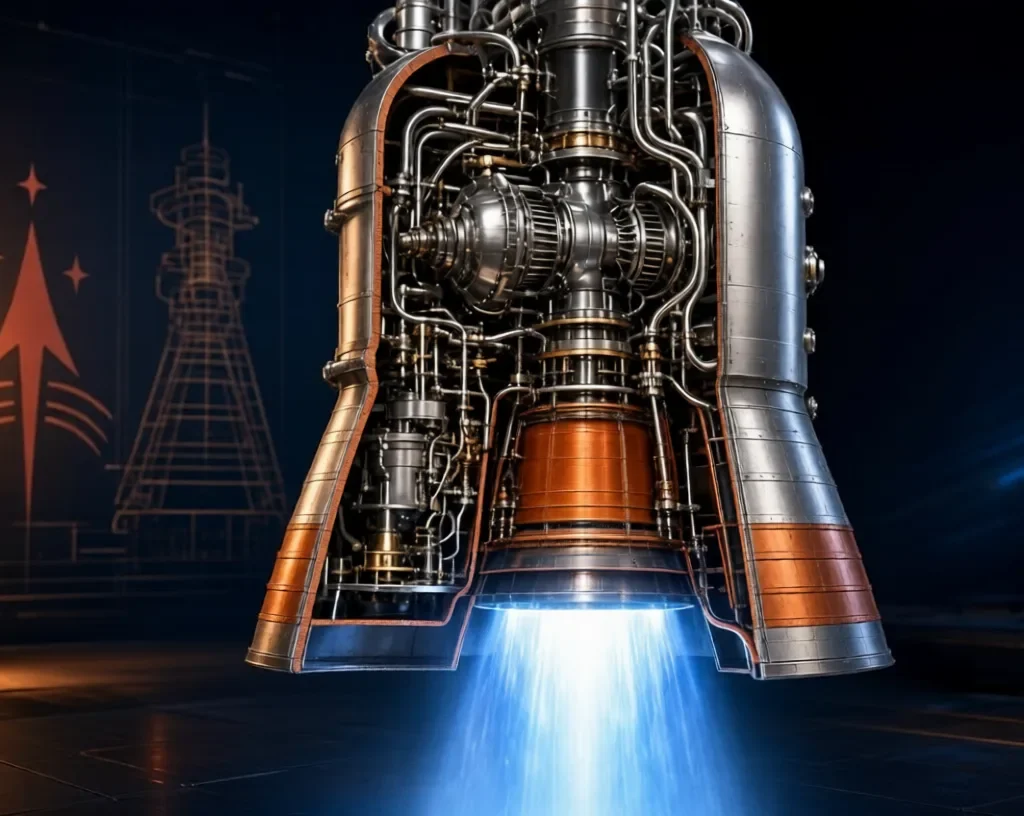 Detailed cutaway of ISRO LME-1100 methalox rocket engine with blue exhaust