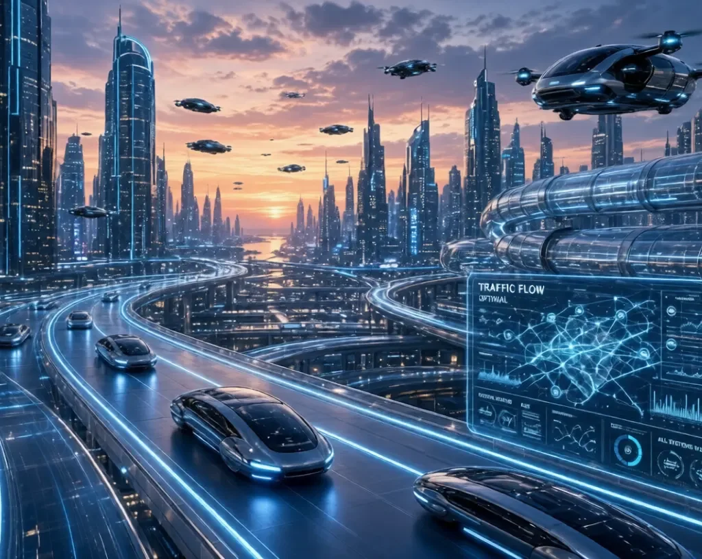 Future Of mobility:Futuristic city at dusk with autonomous cars on glowing roads and flying vehicles
