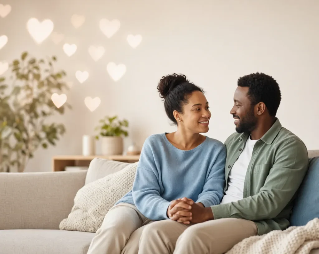 Relationship Renewal:Happy couple holding hands on a cozy sofa, smiling at each other
