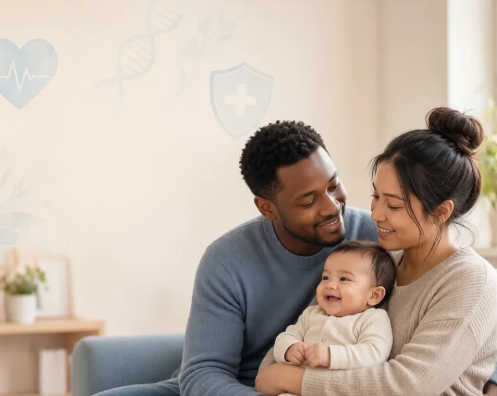 Congenital Disorders:Diverse parents smiling with happy baby on couch, soft medical icons in background