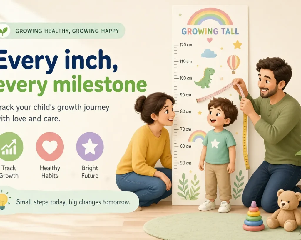 Child Growth:Happy parents measuring their young child’s height against a colorful growth chart labeled “Growing Tall” with rainbow and dinosaur illustrations