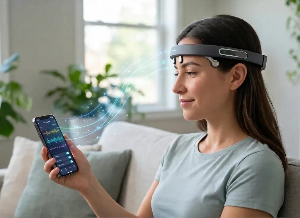 Woman wearing a non-surgical BCI headband connecting wirelessly to a smartphone.