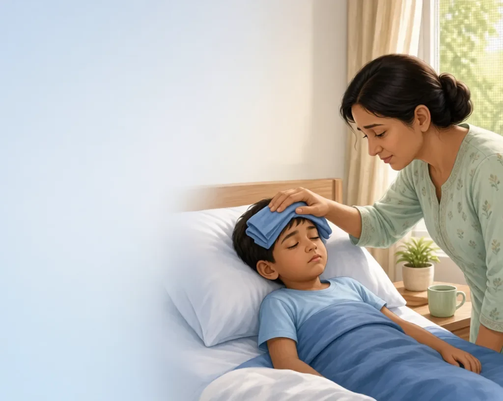 Child and Severe Dengue
Child and Severe Dengue:Mother placing cool cloth on child’s forehead during dengue fever