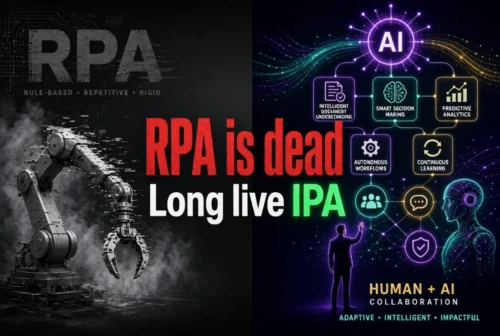 Fading industrial robot versus glowing AI network with human-AI collaboration and “RPA is dead, Long live IPA”