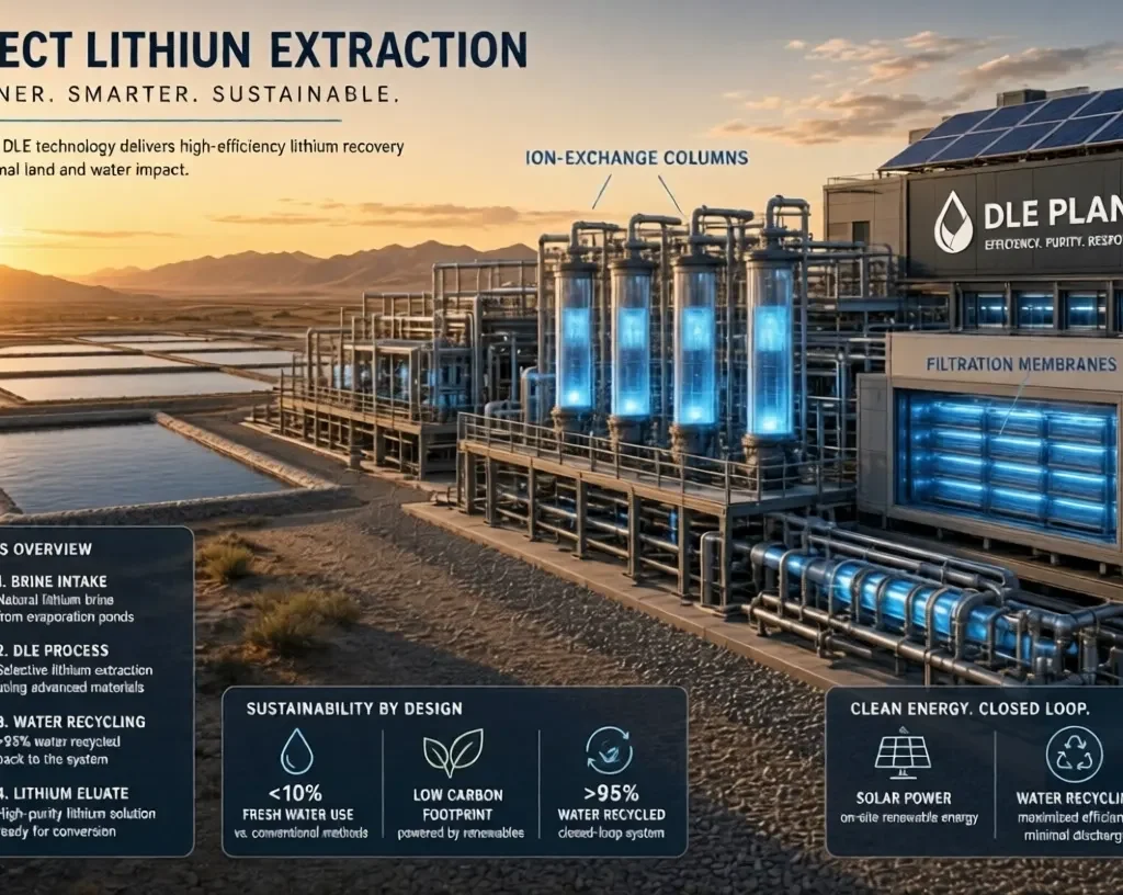 Direct Lithium Extraction plant with ion-exchange columns and filtration membranes at sunset
