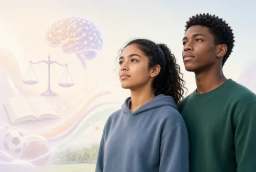 Confident teenage boy and girl looking forward with glowing brain, balance scales, books, and sports icons