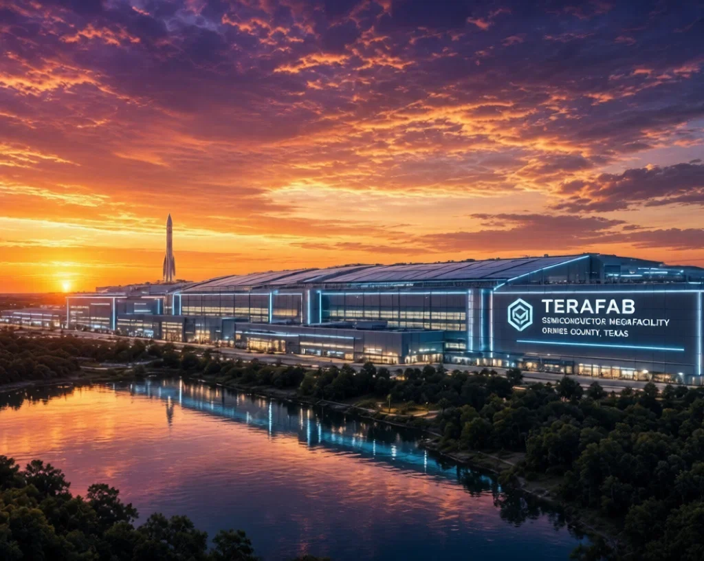 Aerial view of the massive Terafab semiconductor megafacility in Grimes County, Texas at golden hour, glowing with cyan lights, next to a reflective reservoir, with a distant rocket and colorful sunset sky.