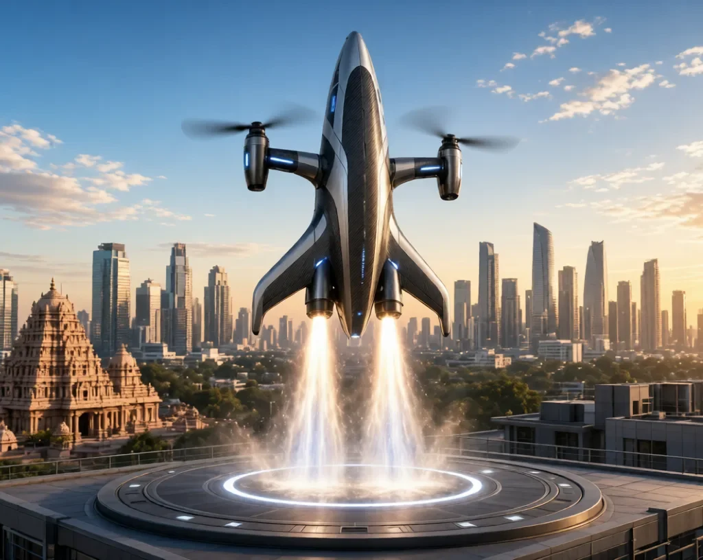 Naman Pushp:Airbound carbon-fiber tailsitter drone standing vertically against Bengaluru skyline at sunset