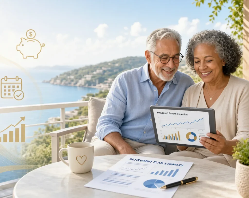 Retirement Planning:Happy senior couple reviewing retirement growth charts on a tablet overlooking the ocean