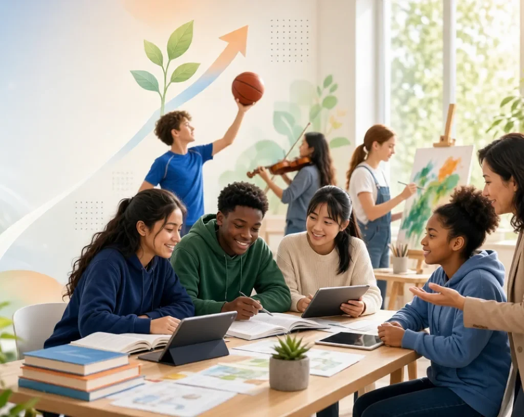 Teen Development:Diverse teens collaborating on studies with mentor while peers play sports, music, and art in bright classroom