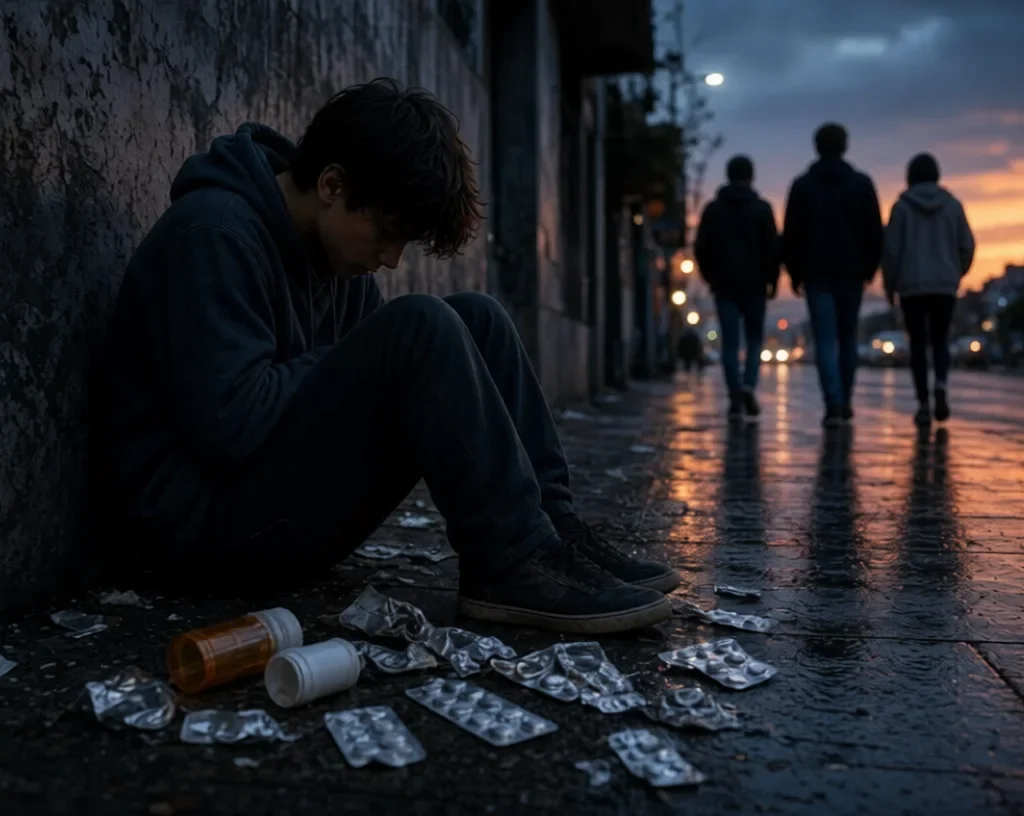 Teen Drugs Use:Teenage boy sits alone on wet sidewalk at dusk with empty pill bottles nearby while friends walk away