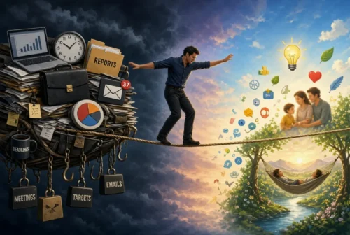 Man walking a tightrope between a heavy work pile and a peaceful life side with family and rest