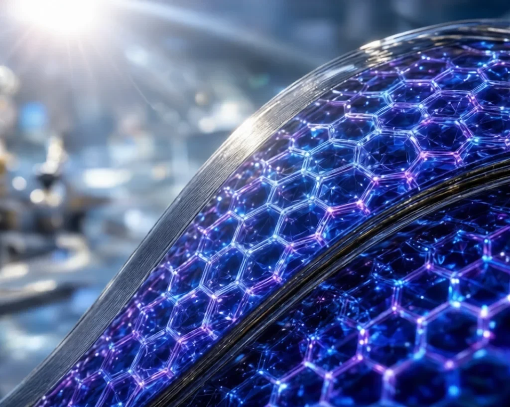 Close-up of glowing blue-purple perovskite solar cells lattice
