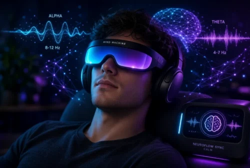 Person relaxing with glowing Mind Machine goggles and headphones
