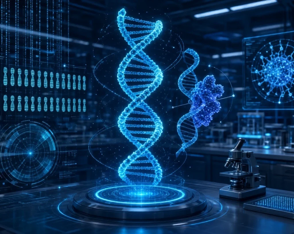 Glowing blue DNA double helix in futuristic genomics lab
