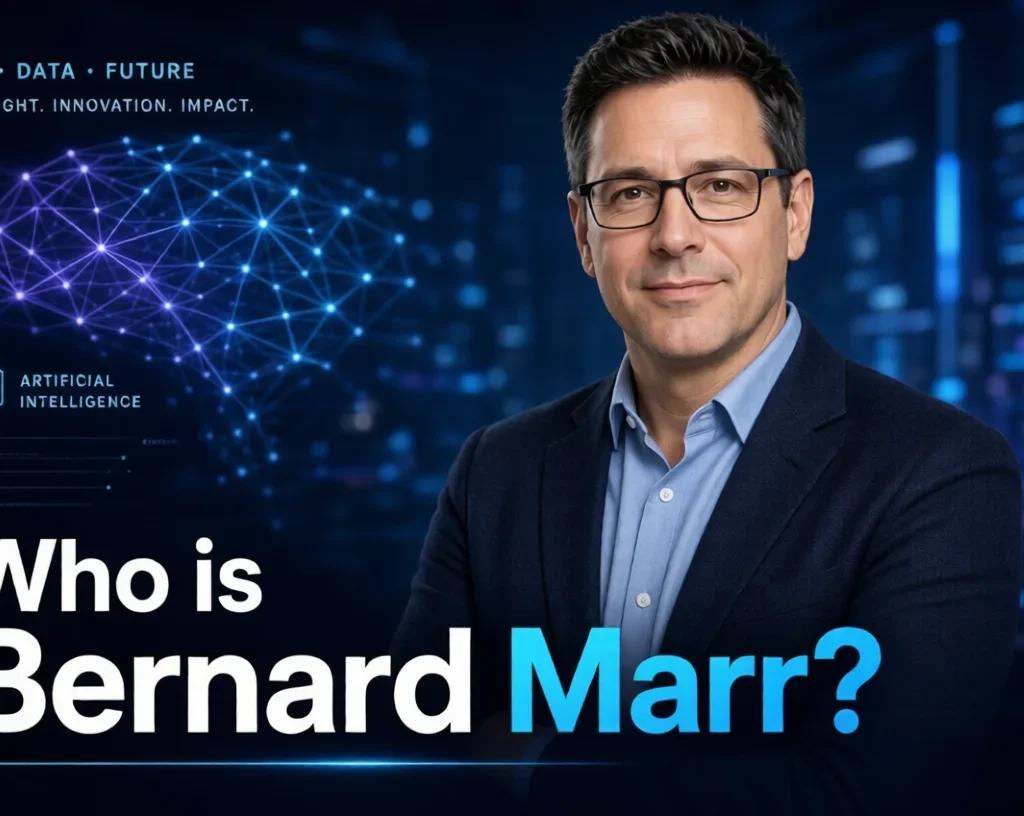 Professional portrait of Who Is Bernard Marr with AI network background and text “Who is Bernard Marr?”