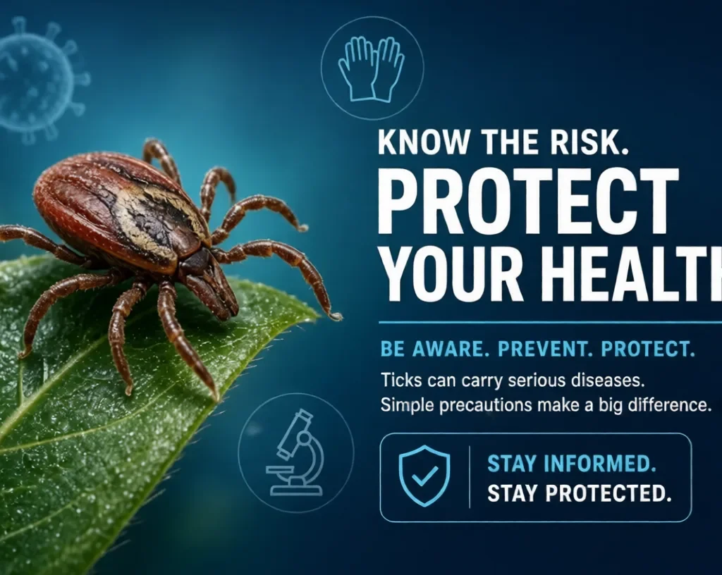 Crimean-Congo haemorrhagic fever:Tick on green leaf with health protection message
