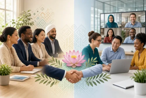 Diverse teams connecting through handshake and virtual meeting with cultural symbols