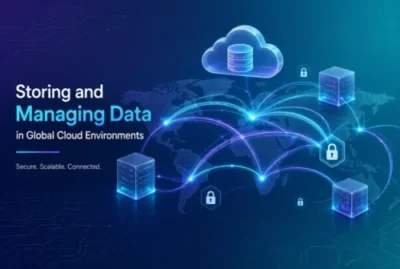 World map with connected cloud servers and encrypted data links