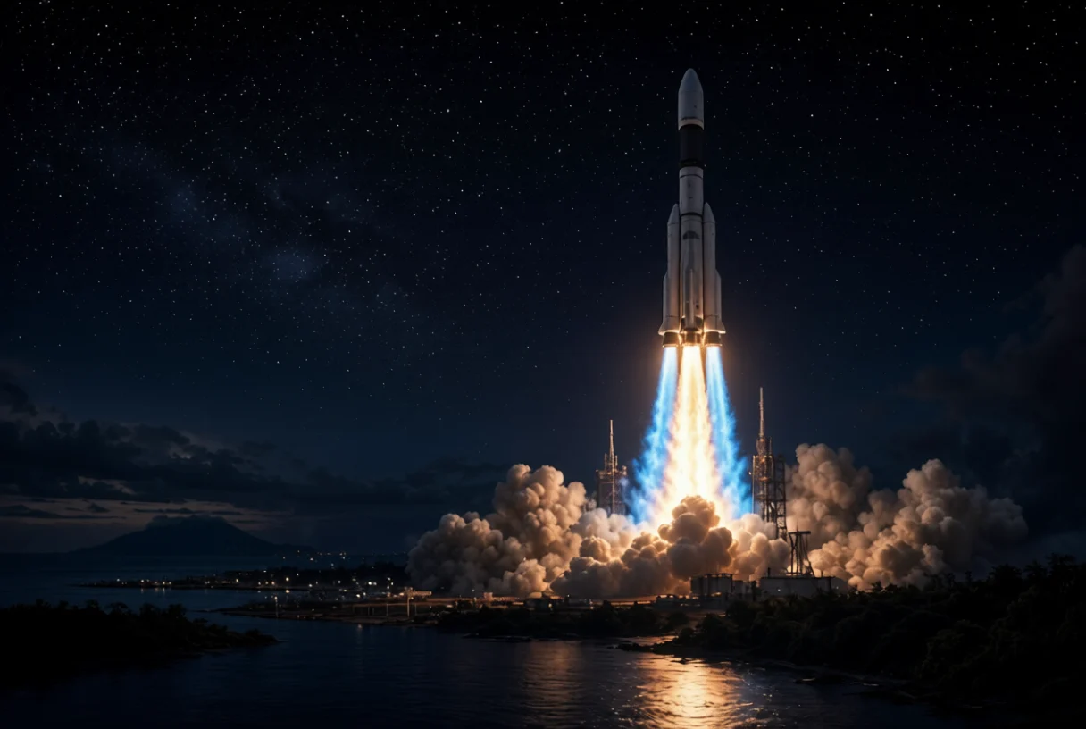 NGLV rocket launching at night powered by LME-1100 engines