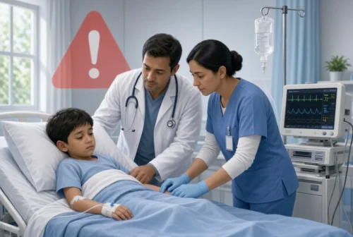 Doctor and nurse treating child with severe dengue in hospital