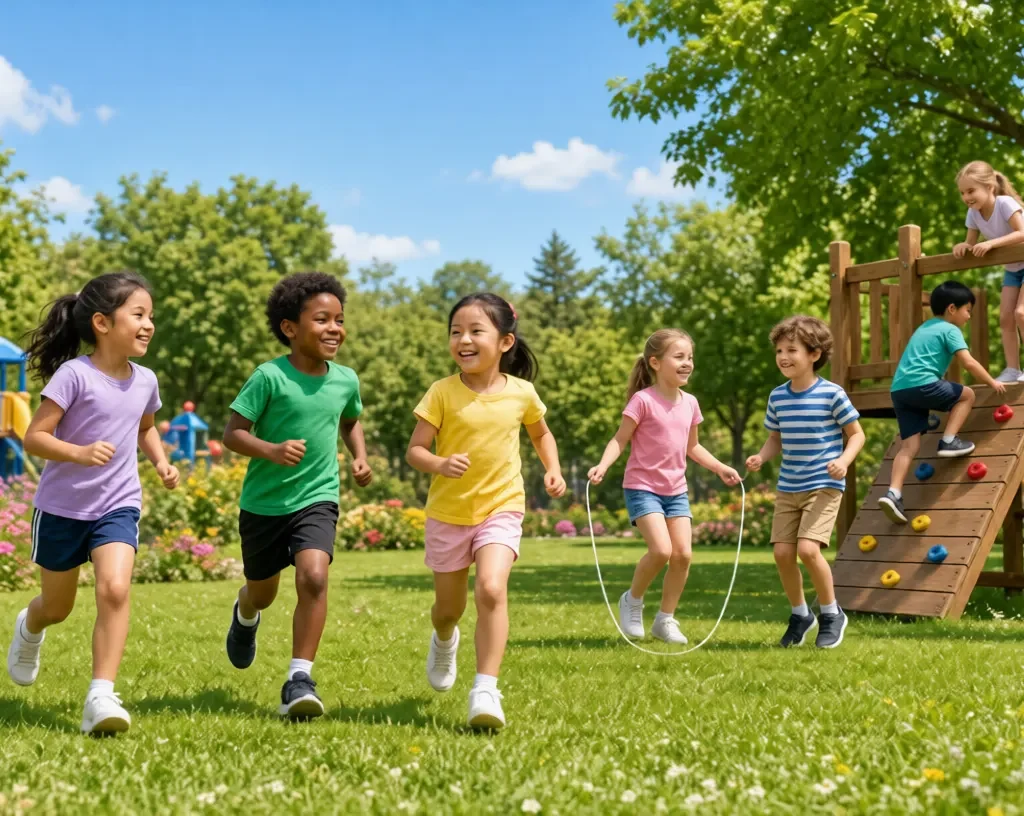 Child Health:Diverse children running and playing jump rope in a sunny green park