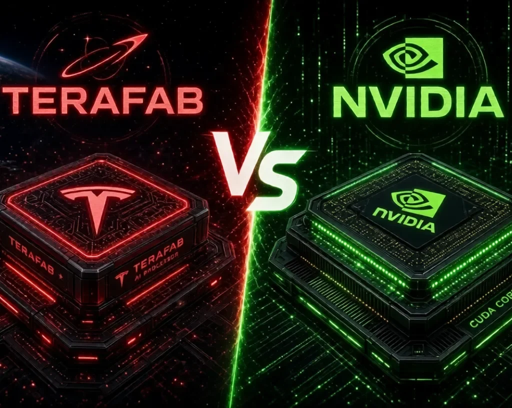 Terafab vs Nvidia:Terafab AI processor chip in red glowing design facing Nvidia CUDA cores chip in green, with bold VS in the center on a dark tech background