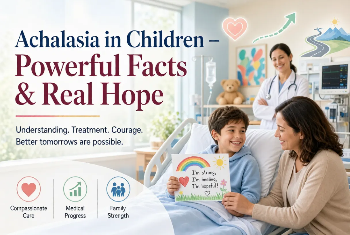 Smiling child in hospital bed holding hopeful card with parent and doctor