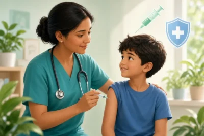 Nurse giving diphtheria vaccine to smiling child
