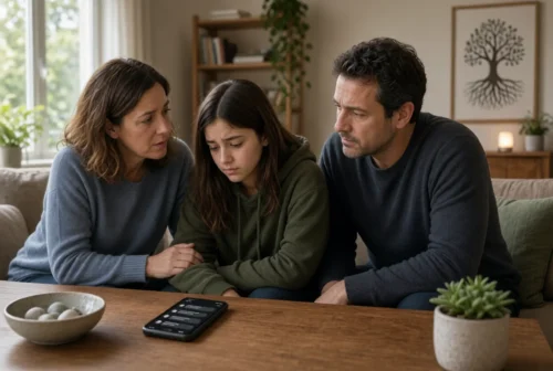 Concerned parents sit with their teenage daughter on a sofa while a smartphone showing messages rests on the table