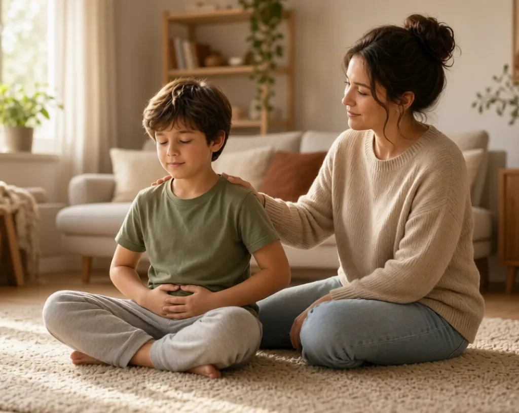 Child with ADHD practicing calm breathing beside a supportive parent