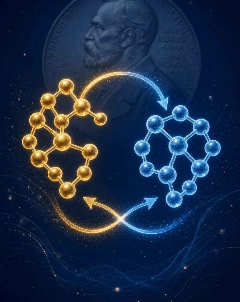 Autocatalysis:Golden and blue molecular structures in an autocatalytic cycle with Nobel medal